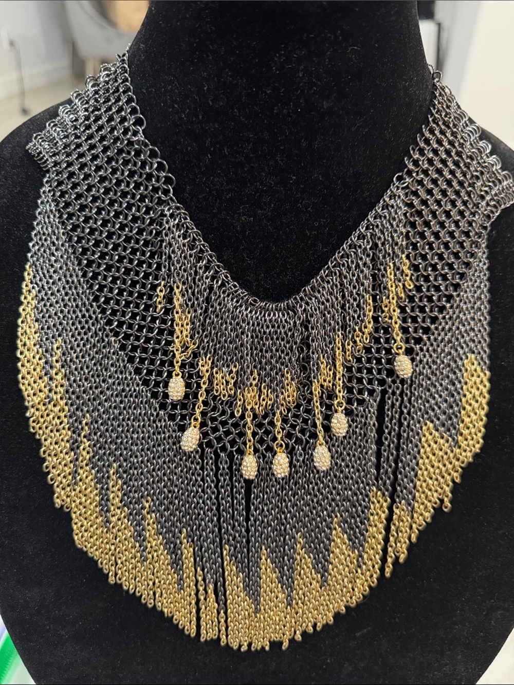 Two-Tone Gold and Gunmetal Fringe Statement Necklace